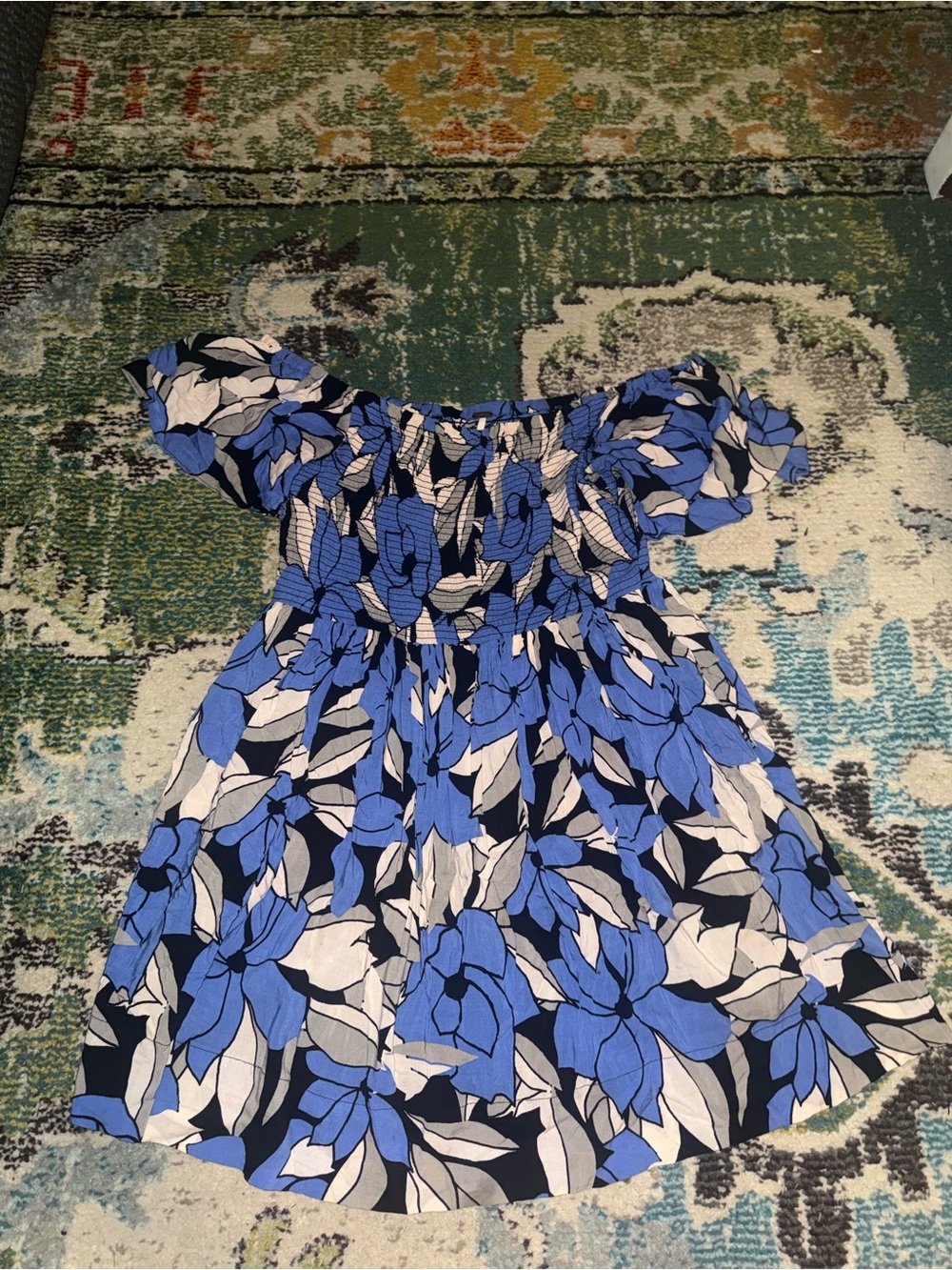 Free People Blue Floral Off Shoulder Smocked Mini Dress Size M